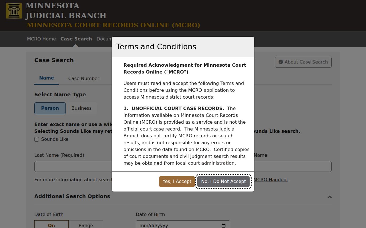 Moorhead resident lookup using Minnesota Court Records Online name fields